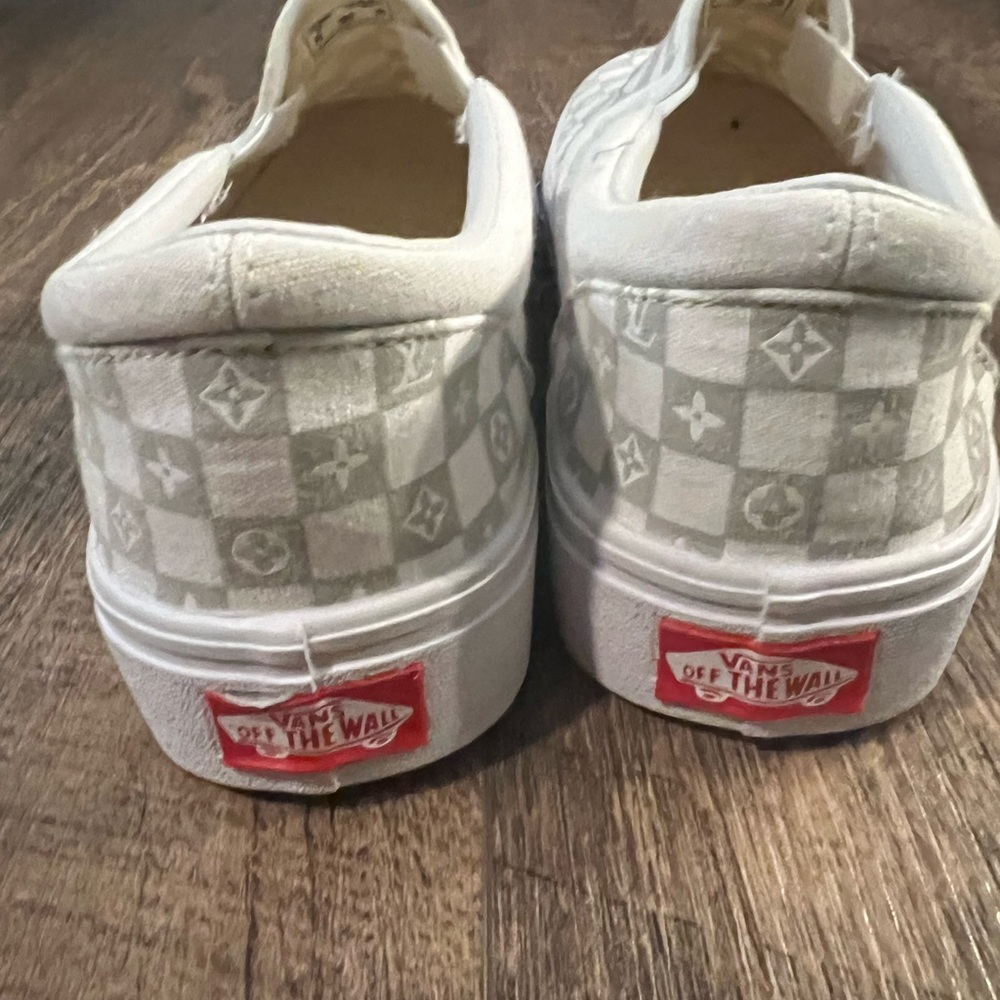 Vans White and Gray Slip-On Sneakers - Cute LV Design - 8.5 Women’s - GUC - Picture 3 of 4